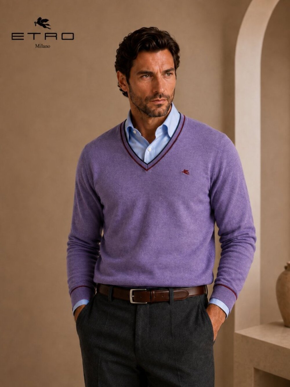 Etro Men's V-Neck Wool Sweater in Lilac Purple with Contrast Trim NWT Size L